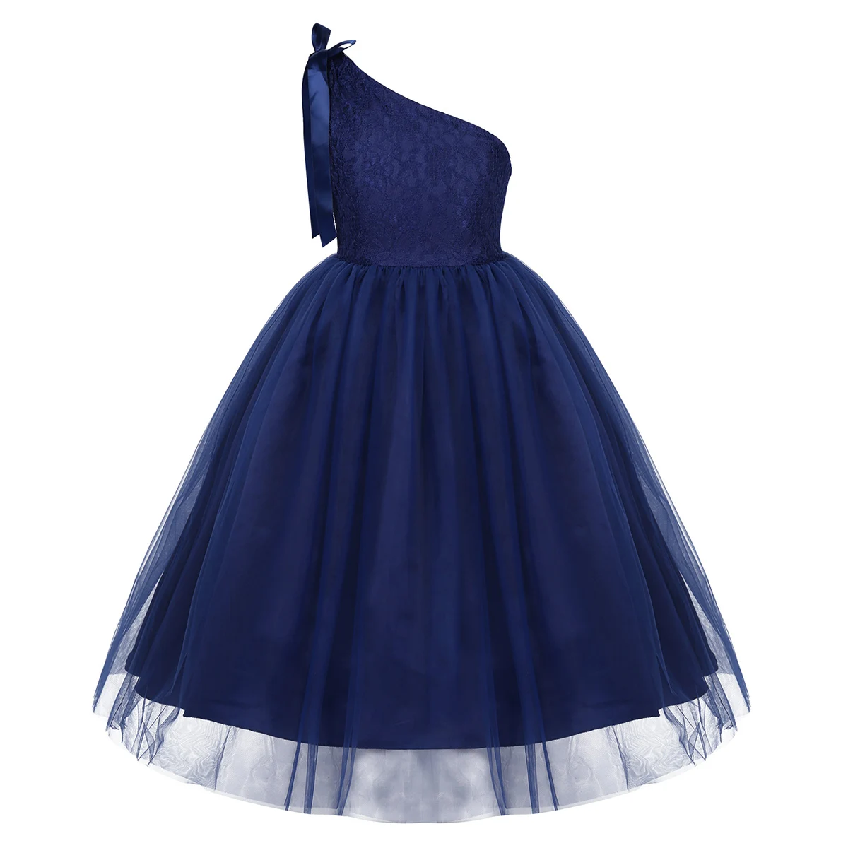 Navy Blue Вышитый цветочный кружевной платье подружки невесты детское платье принцессы для девочек платье на одно плечо с бантом на свадьбу, день рождения - Цвет: Navy Blue