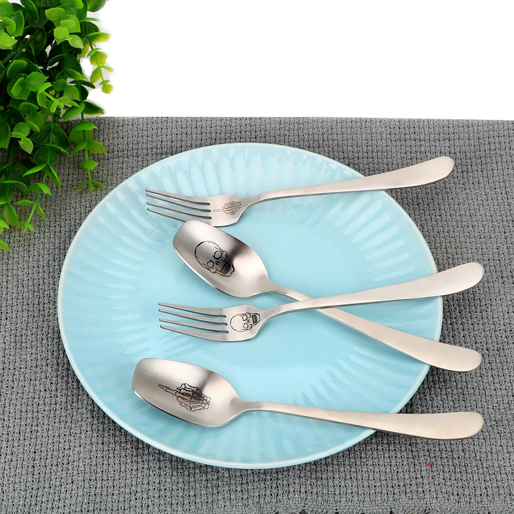 

NICEYARD Stainless Steel Spoon Forks Flatware Dinnerware Cooking Accessories Skeleton Skull Printed Tableware Kitchen Tools