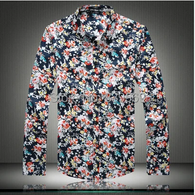 Free Shipping 2015 New Brand Fashion Mens Flowers Shirts Casual Slim Fit Long Sleeve Good Quality Shirt Size m-5xl | Мужская одежда