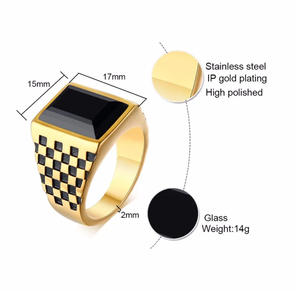 Черное квадратное мужское кольцо из нержавеющей стали с шахматной панелью Aneis Masculinos Anillos