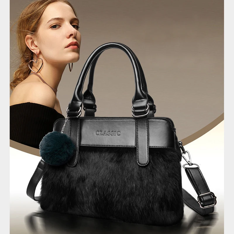 

Real Fur Bags Women Black Genuine Leather Bag Large Capacity Handbags Ladies Hand Brand Designer Crossbody for 2019 Channels New