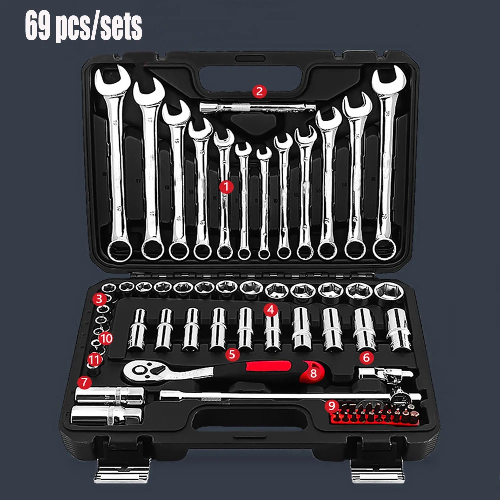 

69 pcs/sets Socket Ratchet Wrench Automobile Professional Repair Tools Kit Torque Wrench Combination Bit a set of keys