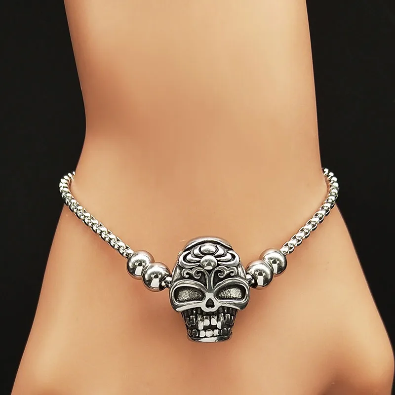 Готический браслет из нержавеющей стали с черепом женский серебряный браслет ювелирный браслет на запястье jonc acier inoxydable femme B18267