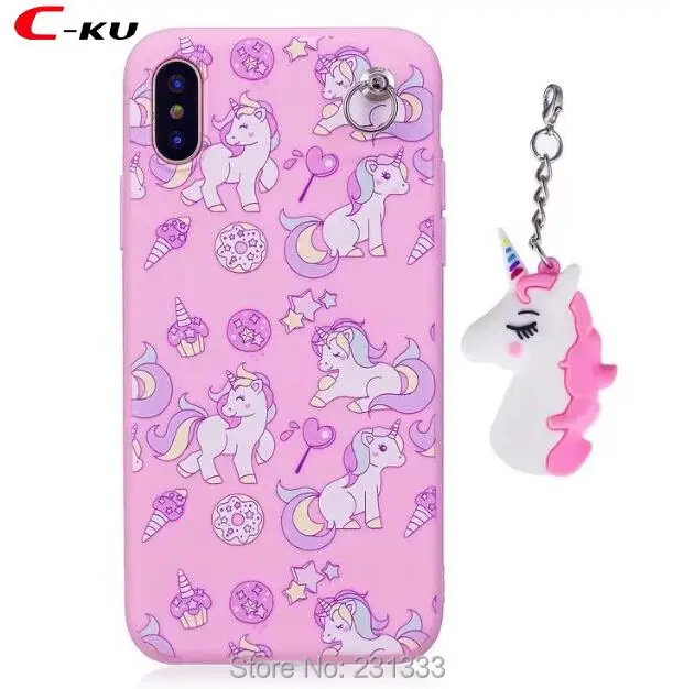 

C-ku For Iphone X 8 7 7plus I7 6 6S Plus SE 5S Unicorn Soft TPU Case Chain Pendant 3D Cartoon Cute Horse Skin Cover Fashion 1pcs