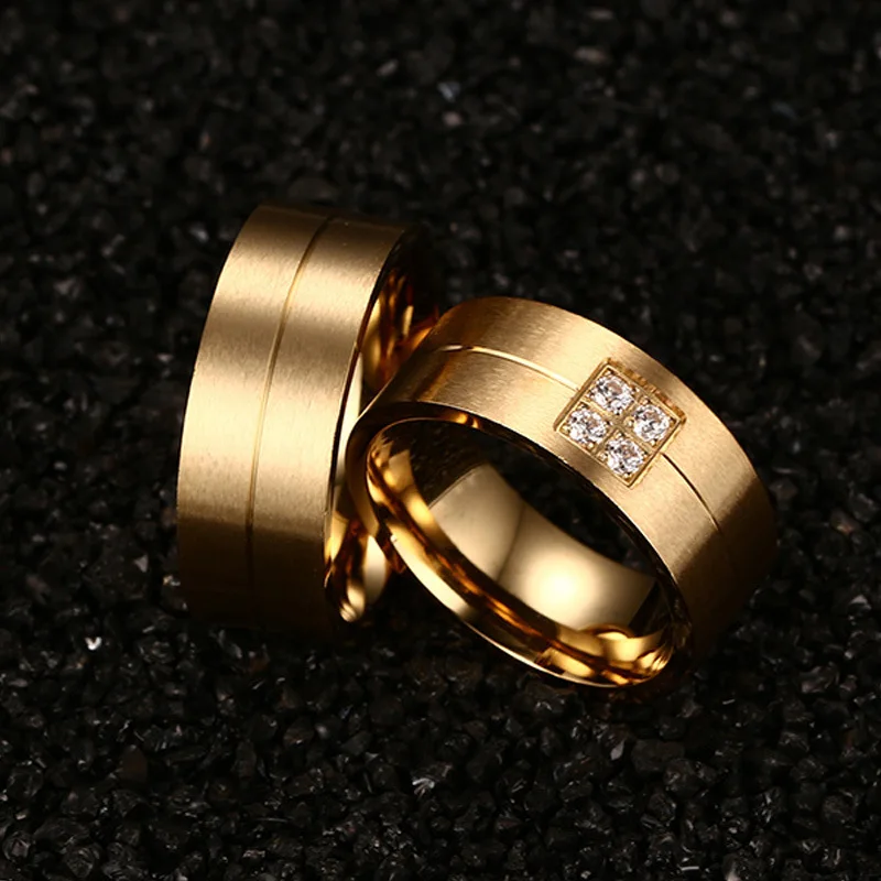 Alliance Ring for Women Men Gold Color Matte Stainless Steel Wedding Ring Lover Zirconia Couple Engagement Wedding Band Jewelry