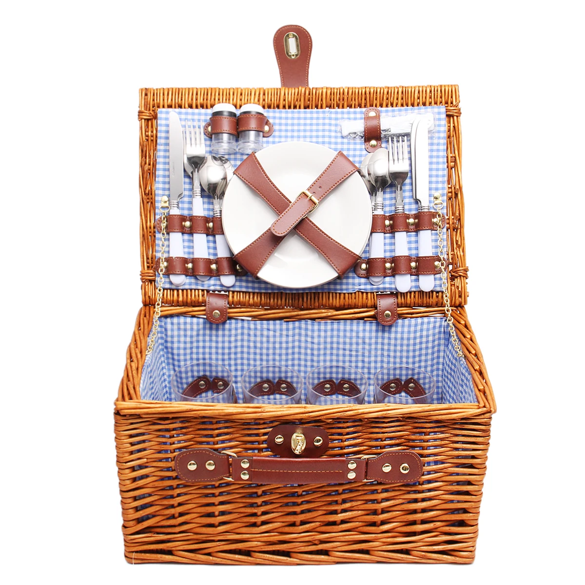 

Large Picnic Storage Basket Baskets Set 4 Person Cotton Linen Mat Blanket Food Container Family Outdoor Picnic Box 51x35x26cm