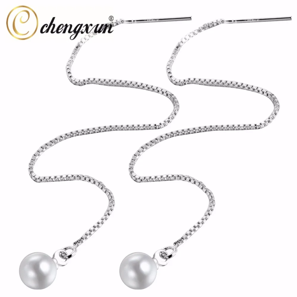 

CHENGXUN 1 Pair Fashion Earring Jewelry Tiny Pearl Circle Long Tassel Chain Dangle Silver Earrings for Women
