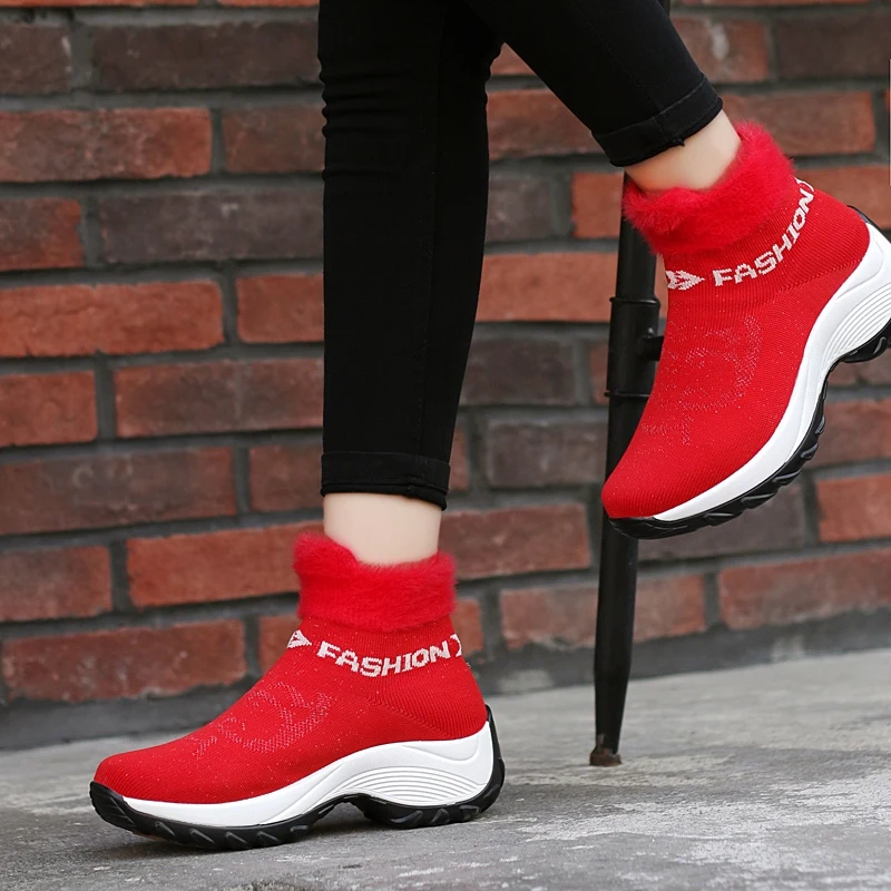 2019Winter Women Sneakers Fashion Platform Wedges Shoes Woman Slip-on Snow Boots Ladies Warm Fur Sock Boots Shoes Big Size 41 42