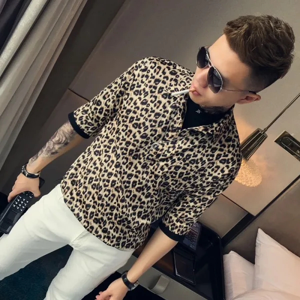 Leopard Горячая Распродажа Мужская рубашка летние мужские повседневные рубашки с коротким рукавом поддельные 2 шт уличная тонкая рубашка с леопардовым принтом мужская одежда - Цвет: Leopard