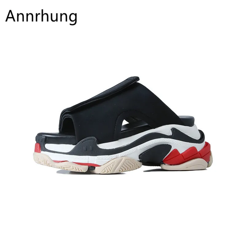

2019 Newest Style Thick Platform Outdoor Slippers Women Unique Mixed Color Heel Open Toe Hook-Loop Flat Slides For Women