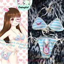 Cute OW Game D.Va Rabbit Bunny Tail Blue & White Striped Lolita Halter Bikini Bra & Panties Set Unique Women’s Cotton Underwear
