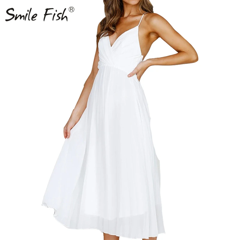 

2019 New Summer Dress White A-Line V-Neck Strap Backless Holiday Midi Dress Beach Sleeveless Pleated Women Dresses Party GV553