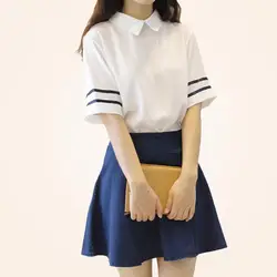 Рубашка с короткими рукавами Японский Школьная униформа для девочек матрос платье Тибетский синий клетчатая юбка Uniformes Japonais корейские