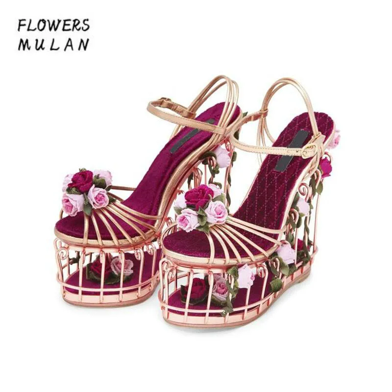 Top Quality Platform Shoes Summer Women Hollow Wedges Rose and Leaves Studded Sandals Wedding/Party Shoes 17CM Super High Heels