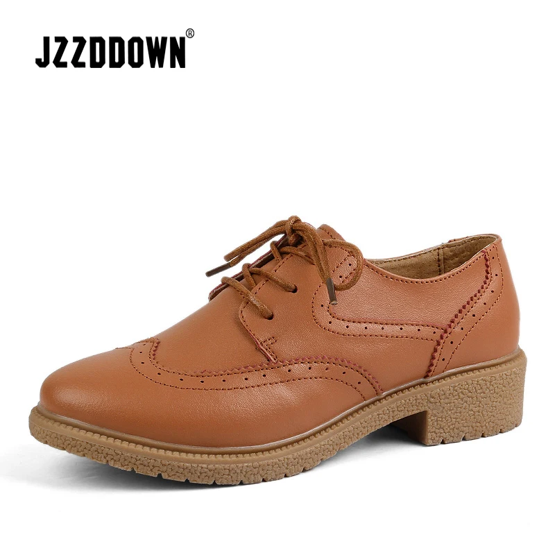 

JZZDDOWN Oxford shoes for women moccasins genuine leather Brogue Ladies Women leather shoes Female women's shoes woman Lace up