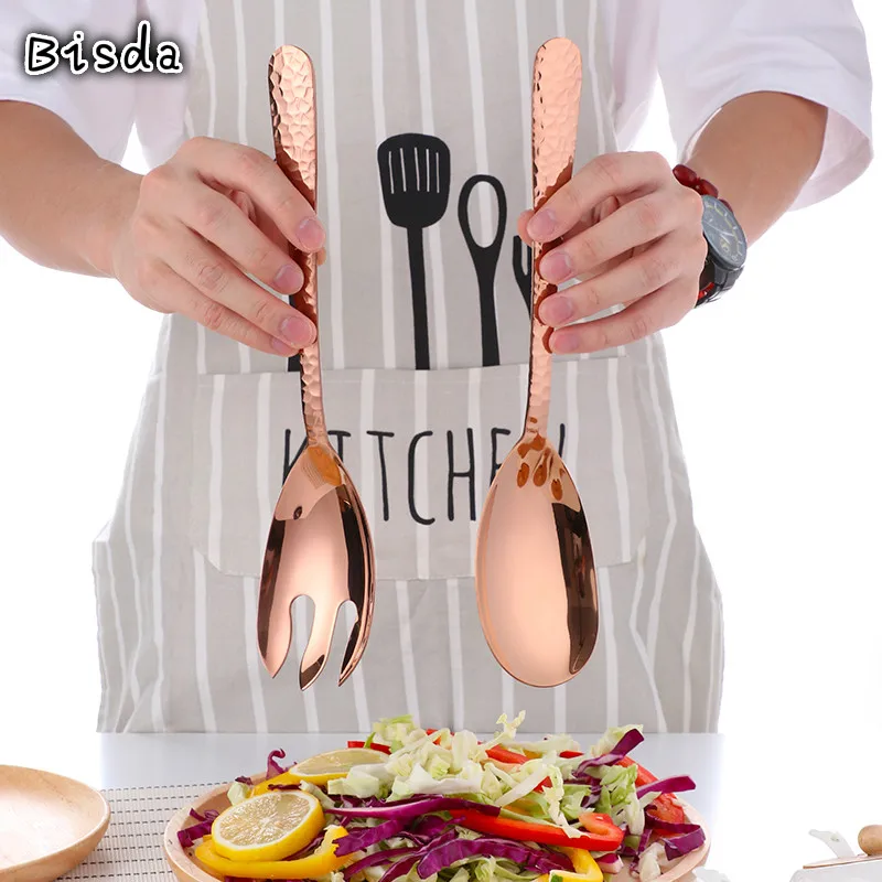 Online Gran antideslizante ensalada cuchara tenedor 18 10 de acero inoxidable de colores de ensalada servidor cubiertos cocina Pasta herramientas