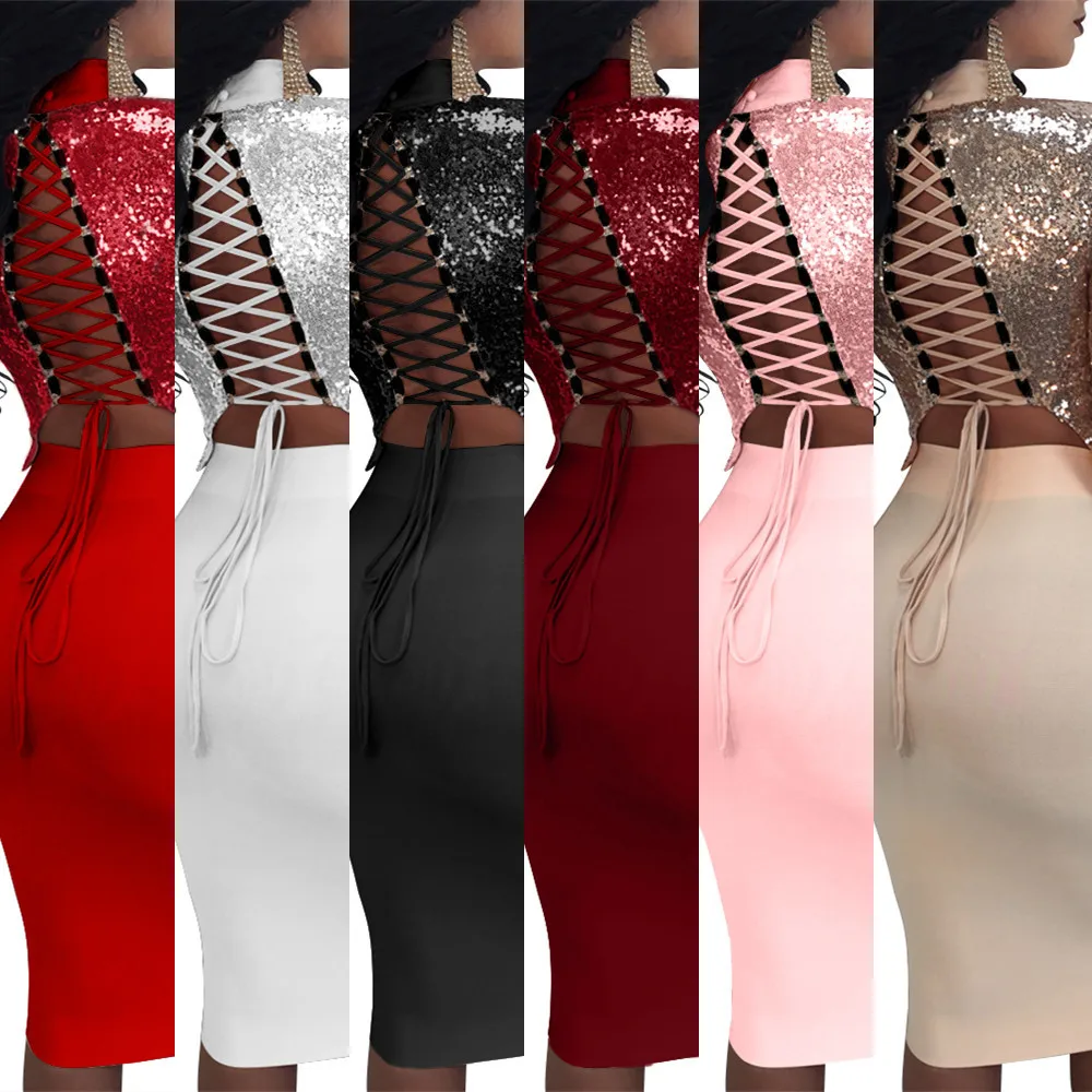 

Sexy Sequin Summer Two Piece Set Dress Crop Tops Sheath Set Mini Bandage Dress Long Sleeve Party Vestidos Robe Femme