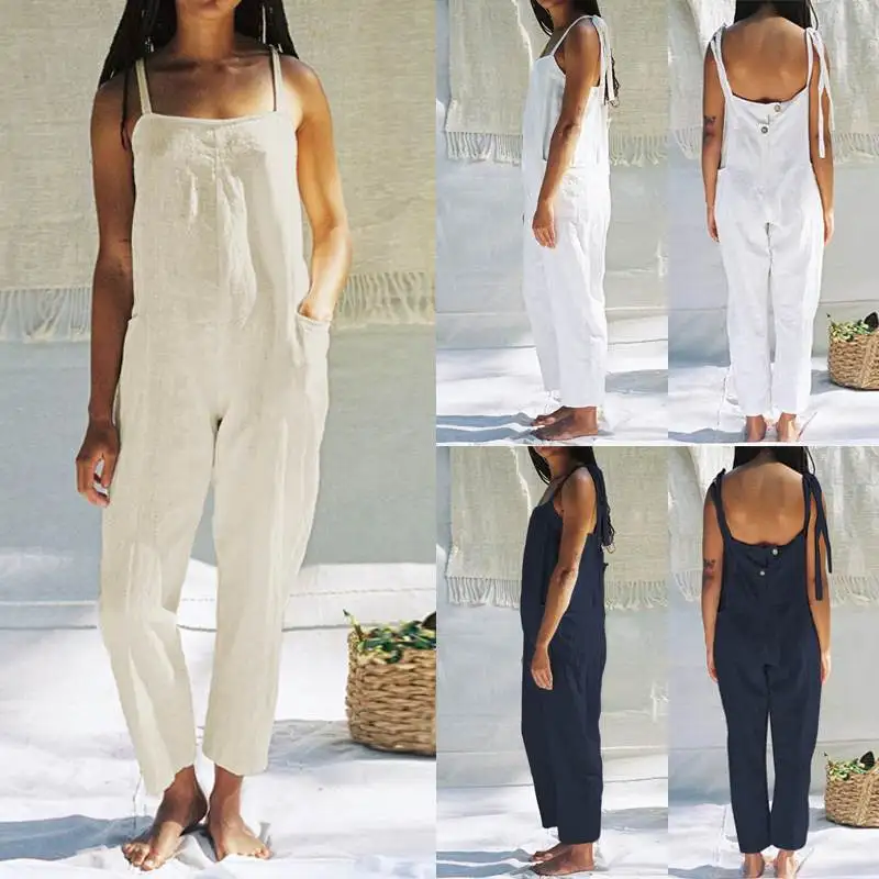

Plus Size S-5XL Celmia Women Vintage Cotton Long Wide Leg Pants Romper Strappy Dungaree Bib Overall Casual Loose Solid Jumpsuits