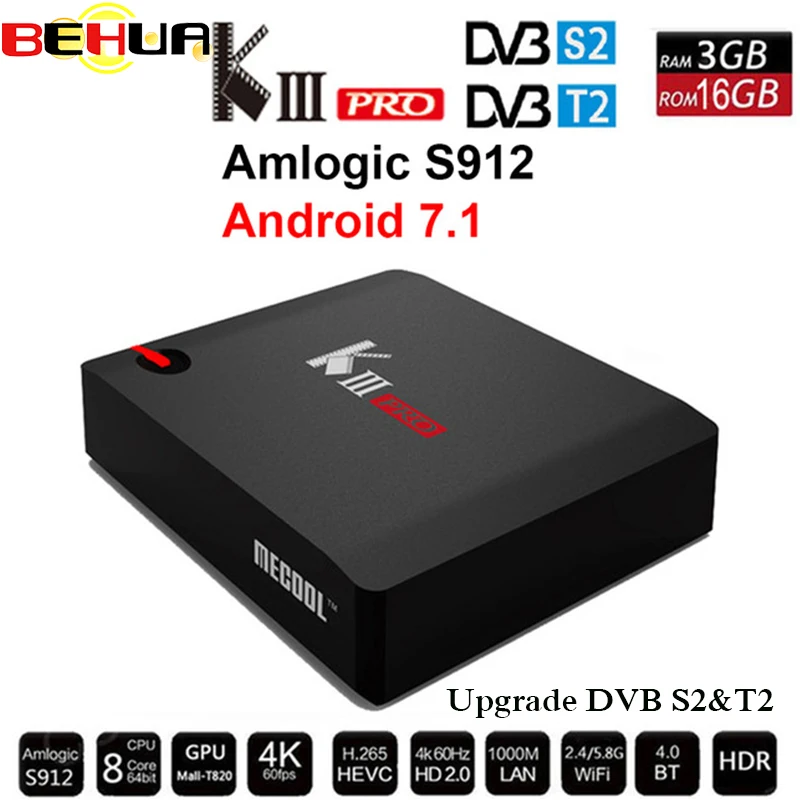 MECOOL KIII PRO комбо DVB-S2 DVB-T2 DVB-C Android 7,1 ТВ коробка, 3 Гб оперативной памяти, 16G K3 Pro Amlogic S912 Octa Core 64bit 4K NEWCAMD Media Player