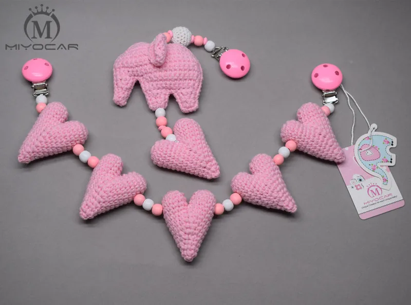 

MIYOCAR handmade wood clip pink Crochet heart elephants stroller toy chain for pram stroller mobile rattle stroller chain
