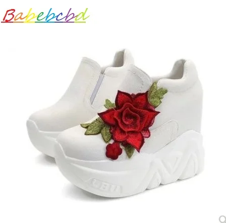 

Spring new style inside height student shoes thick bottom cake loafers shoes 12cm high heel white canvas shoes female slope
