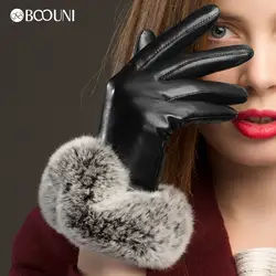 Boouni Пояса из натуральной кожи Прихватки для мангала модные черные Для женщин овчины перчатки наручные кроличьей шерсти Термальность зима