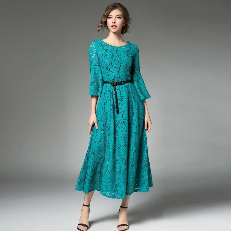 

Lace Flare Sleeve Tunic Belt Big Swing Maxi Dress Women Elegant Vintage Bohemian Party Fashion Beach Dress Spring Clothing Green
