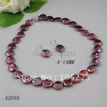 

Wholesale Elegant jewelry Purple color coin pearl necklace earring jewelry set rhinestone magnet clasp free shipping A2058