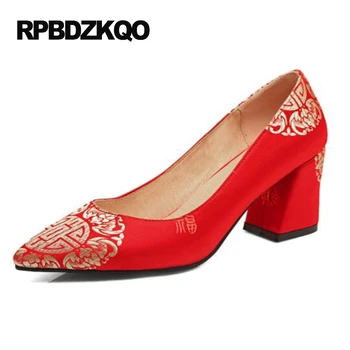 

Block Size 4 34 Cheap Red High Heels Shoes Pointed Toe Women 3 Inch Embroidery Pumps Embroidered Satin Wedding 2017 Chinese