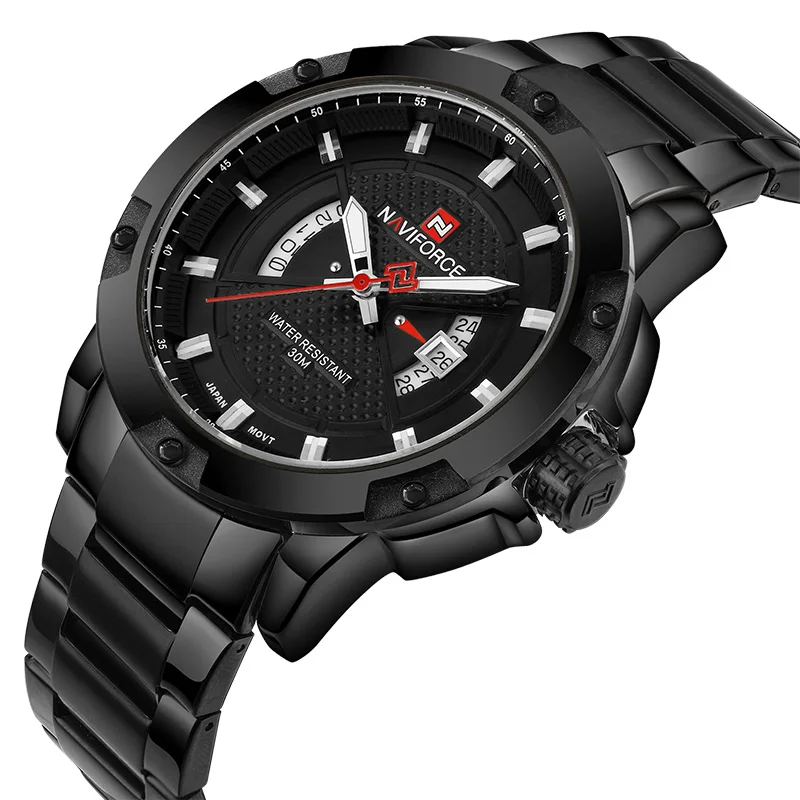 Лидирующий бренд Роскошные мужские военные наручные часы NAVIFORCE мужские часы полностью стальные мужские спортивные часы водонепроницаемые Relogio Masculino - Цвет: black black