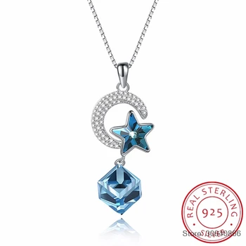 

SMTCAT Crystal From Blue Star Cube Moon Pendant Necklace S925 Sterling Silver Chain Collares For Women Party Wedding