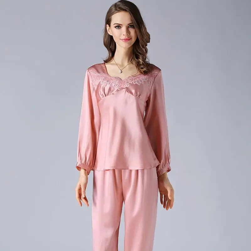 

Brand 2019 100% Real Silk Pyjamas Women Pajamas Set Long Sleeve Natural Silk 2 Pieces Sleepwear Female Nightwear Homewear