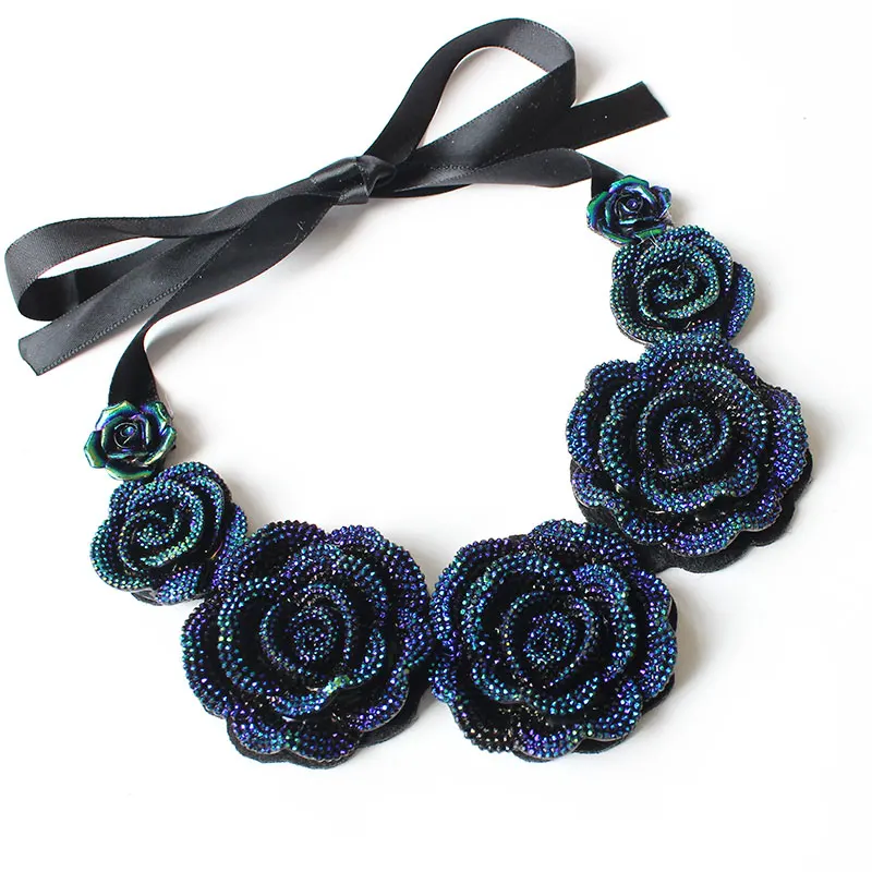 

F&U Rose Necklace New Fashion Jewelry Big Resin Crystal Blue Flower Necklaces & Pendants Statement Bib Chunky Choker Necklaces