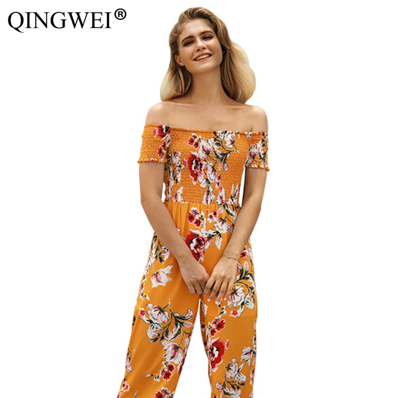

2019 Women New Print Off The Shoulder Jumpsuit femaleSummer High Waist was thin wide Leg Nine Pants