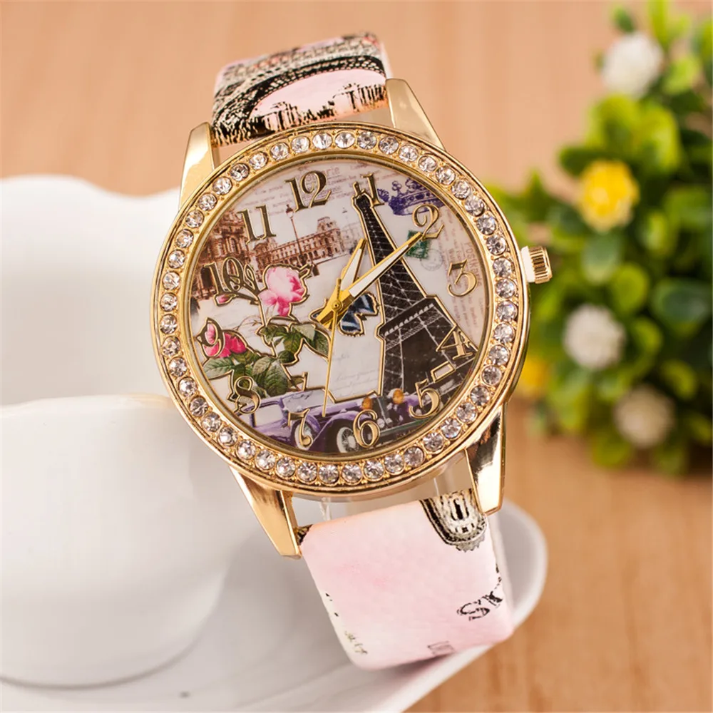 

La Moda Torre Eiffel Pattern Quartz Dazzled women watch Relogio Feminino Fashion 2018
