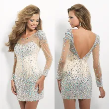 Dressgirl Luxuriöse Cocktailkleider 2017 Mantel Long Sleeves Wulstige Kristalle Backless Short Mini Homecoming Kleider