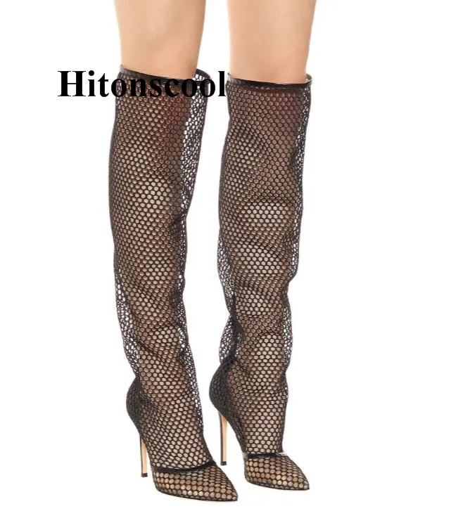 

Sexy Black Fishnet Lace Knee High Rome Sandals Pointed Toe Stiletto Thin High Heels For Women 2019 Summer Sexy Long High Boots