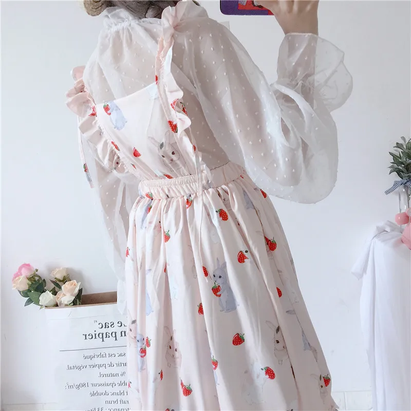 JSK/летнее милое розовое платье-комбинация в стиле Лолиты с клубникой и кроликом; платье на бретельках с прозрачной блузкой