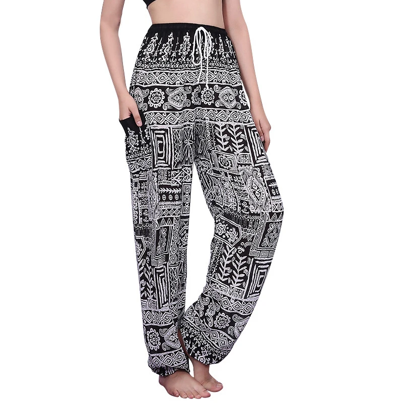 

Summer Beach Harem Pants Women High Waist Casual Bloomers Pantalon Femme Bohemian Printed Loose Lace Up Trousers Women 3 Color