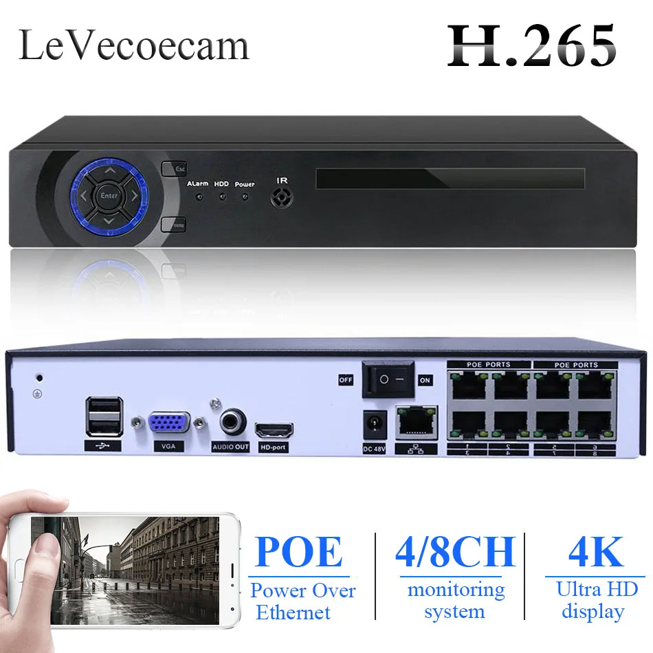 4CH 8 канальный Onvif 48В стандартный PoE NVR H.265/H.264 eal запись времени для 4K/5MP/4MP/3MP/1080P/960P/720P