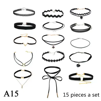 ZOEBER 15 Pcs a set Choker Necklace Black Lace Leather Velvet strip woman Collar Jewelry Neck accessories chokers colar kolye lace choker necklace set