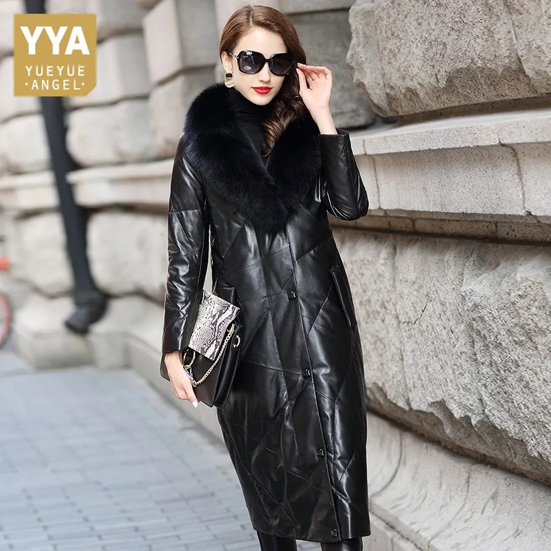

Womens Genuine Leather Down Coats OL Style Slim Fox Fur Collar Long Sheepskin Jacket Plus Size Winter Single Breasted Overcoat
