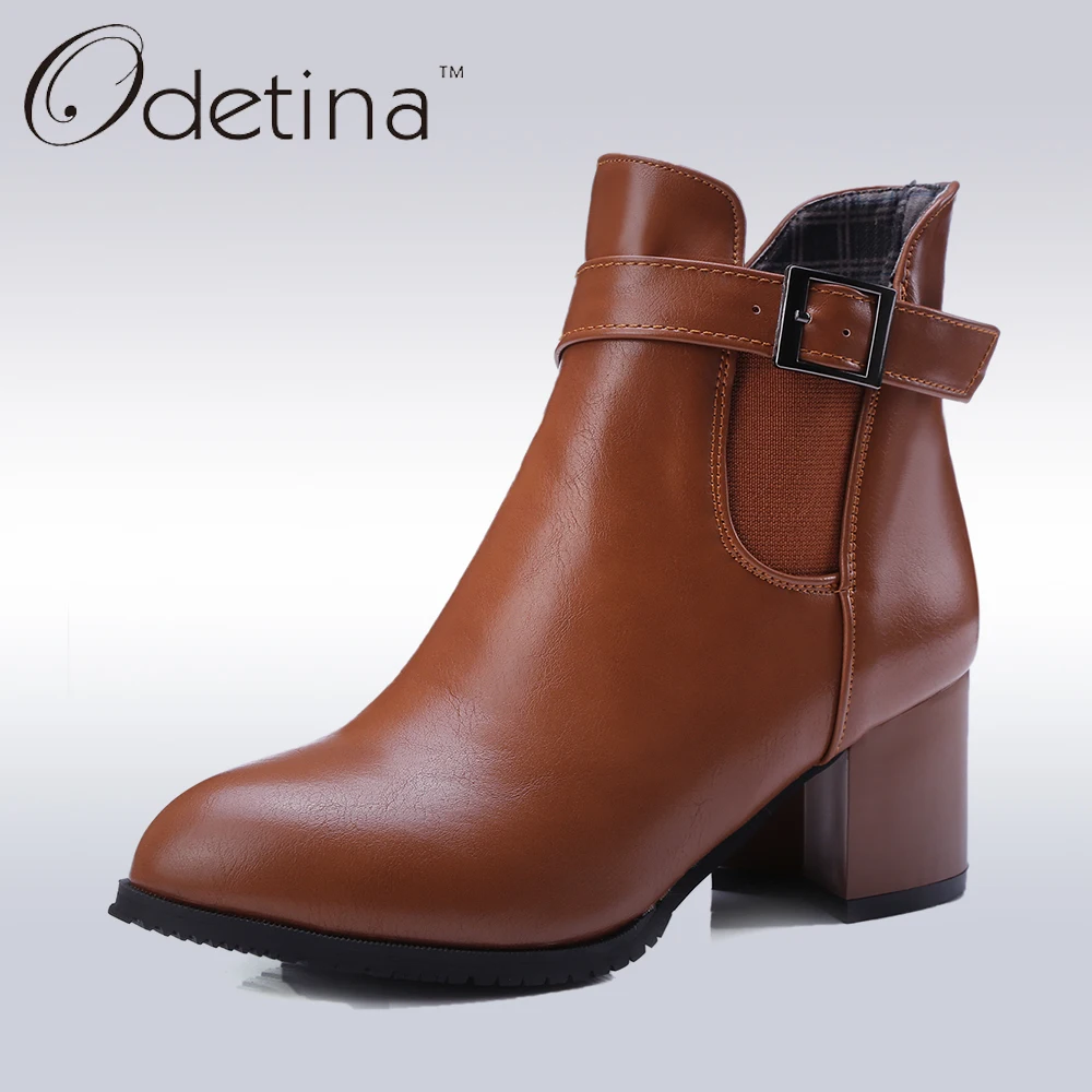 

Odetina Handmade Chunky Heel Ankle Boots Large Size 2016 Autumn Winter Boots Heels Women Pointed Toe Boots Pu Leather Booties