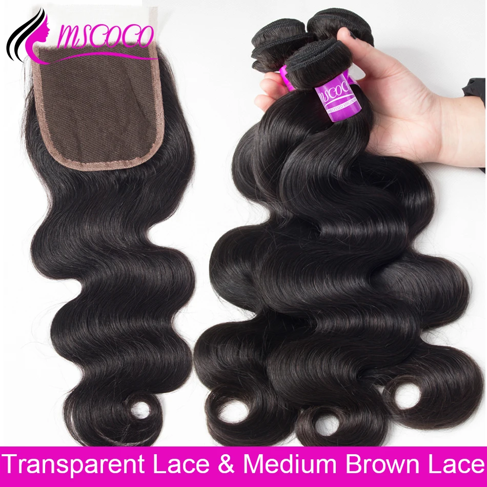 

Mscoco Brazilian Body Wave Bundles With Closure 3 Bundles With HD Transparent Swiss Lace Closure Human Hair Bundles With Closure