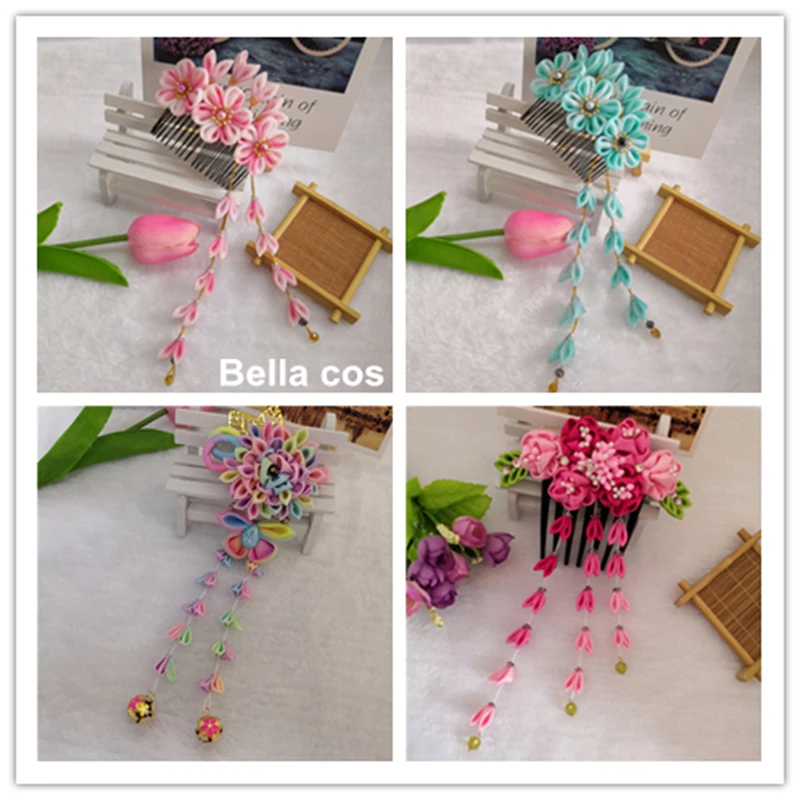 

New Custom DIY handmade Japanese kimono Sakura hairwear girls headwear women hair pins kanzashi Flower HeadClips with long Falls