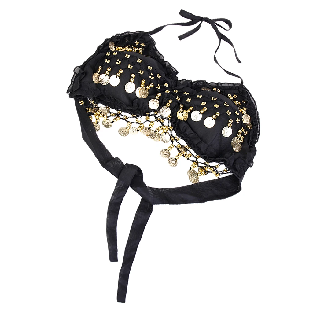 Fashionable Folded Lace Adorned Padded Back Lace Up Style Halter Bra Top Belly Dance Bra Top Costume Black