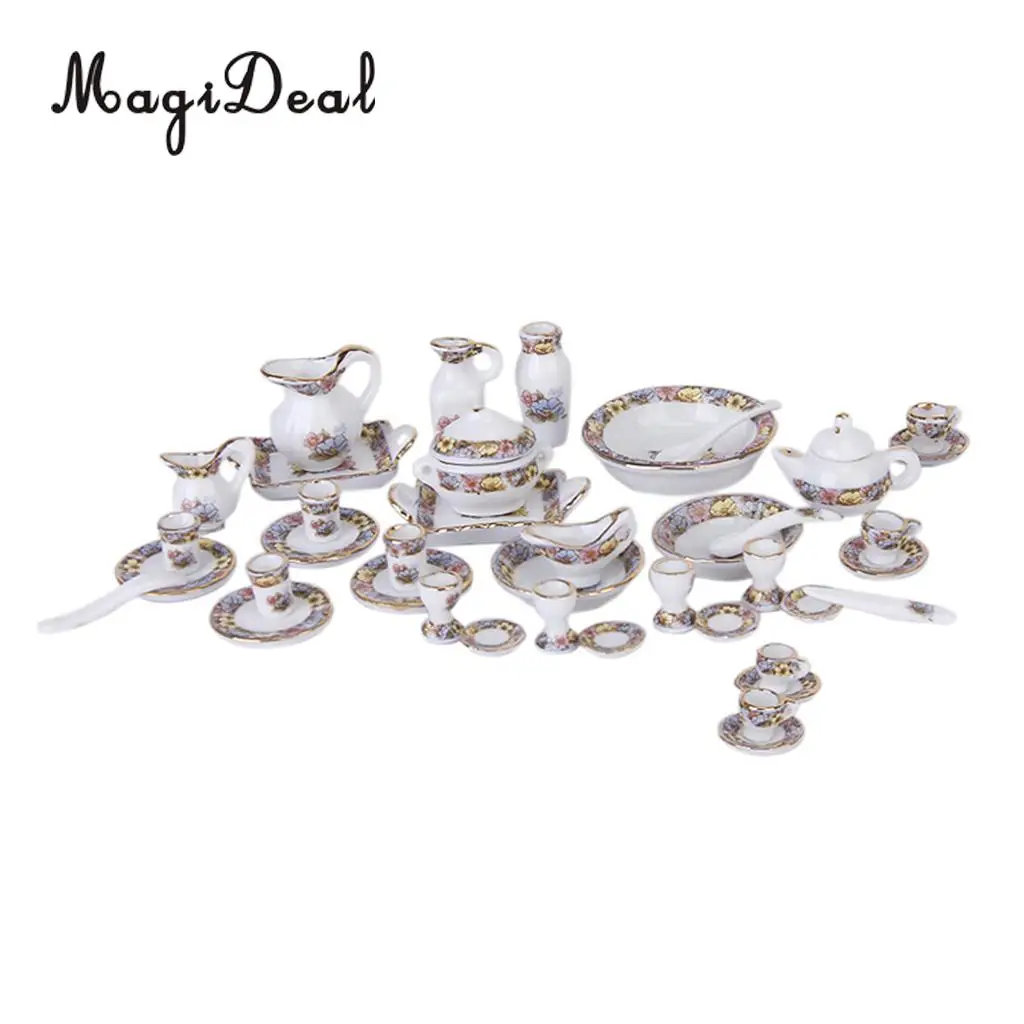 MagiDeal Hot Sale 40Pcs/Set Dollhouse Miniature Dining Ware Porcelain Tea Set Dish Plate Flowers Children Pretend Play Toys