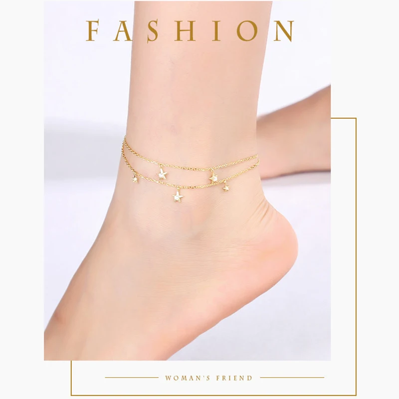 Fine Jewelry 100% 925 Sterling Silver Summer Ankle Bracelet Gold Anklet Elegant Star Foot Leg Chain Charm for Women Gift (6)
