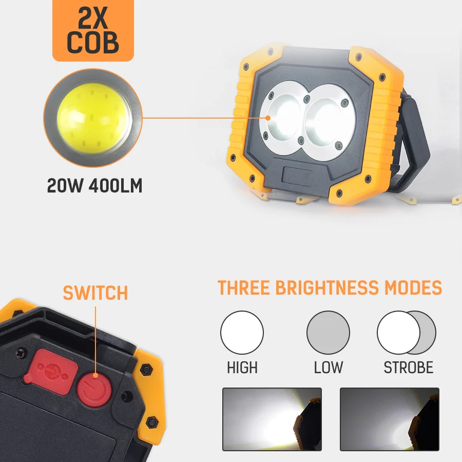 Светодиодный прожектор для наружного применения портативный фонарь COB супер яркий 20 Вт Рабочий свет Перезаряжаемый 18650 аккумулятор уличный походный фонарик