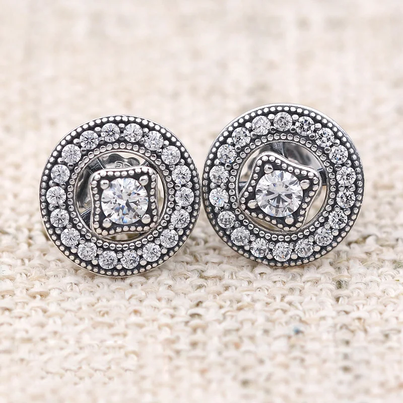 

Authentic 925 Sterling Silver Earring Vintage Allure With Crystal Studs Earrings For Women Wedding Gift Fine Diy Jewelry